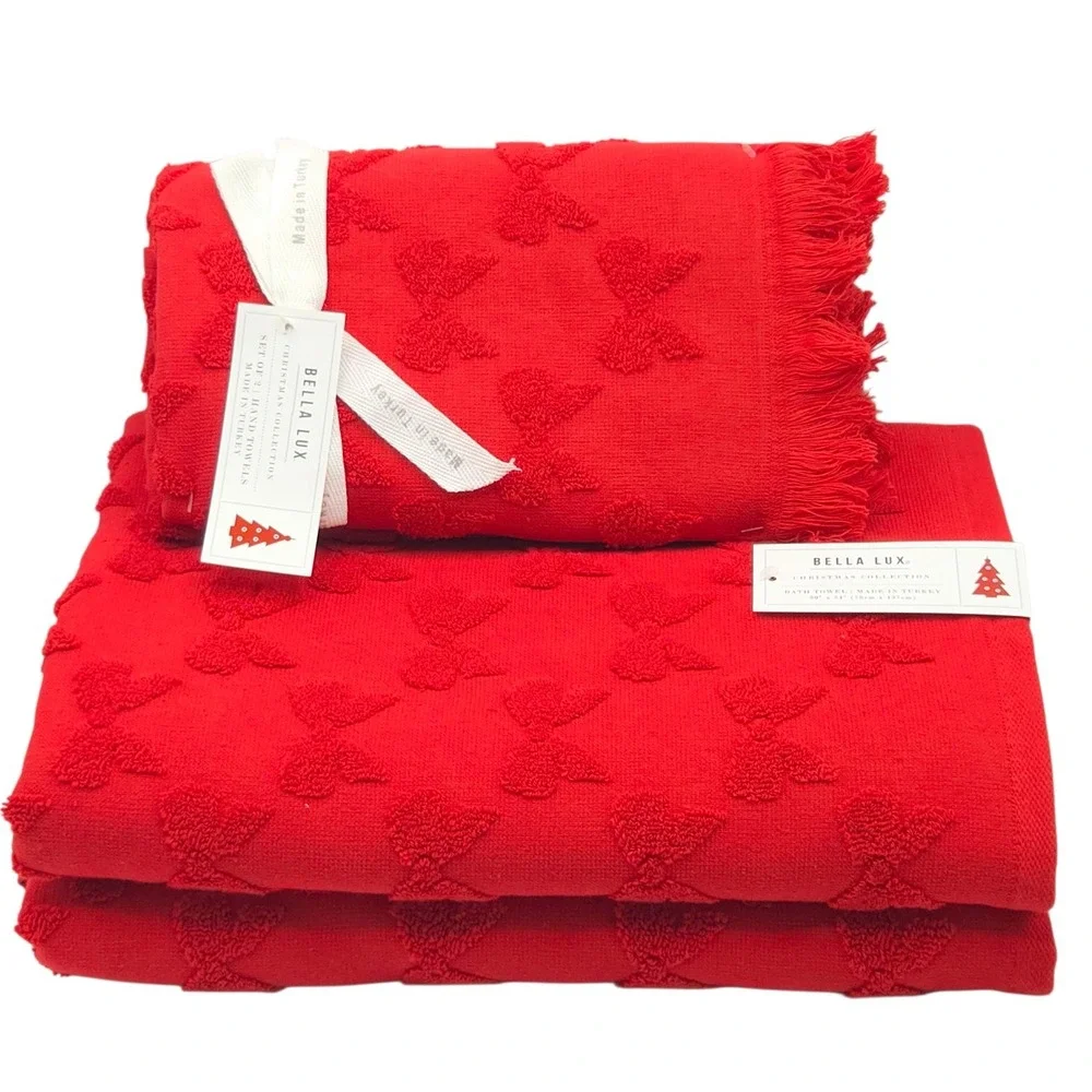 Bella Lux Christmas Collection Red Bows Embossed Turkish Cotton Towel Set Of 4pc